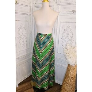 Vintage 70s Aileen Chevron Green  Multicolor Jersey Polyester Maxi Skirt